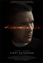 First Reformed theatrical poster. Black background with close up of Reverend Toller in profile with a horizontal line of fire across his face.